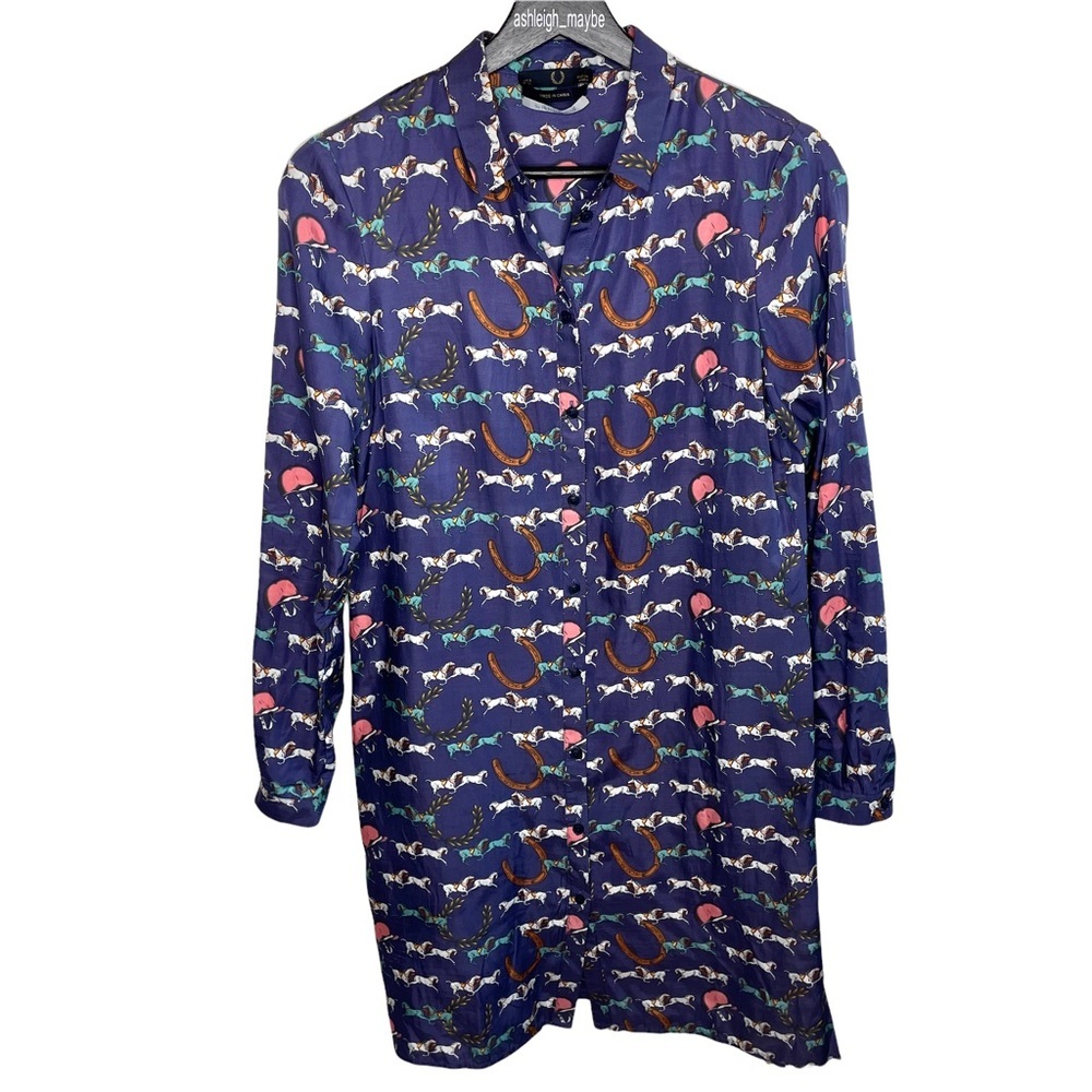 Richard Nicoll x Fred Perry | Equestrian Horse Print Silk Shirt Dress Size 4